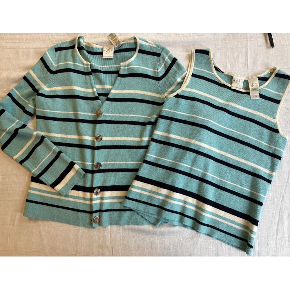 Emma James Petite S Twinset Cardigan Shell Aqua Navy Stripe 2 Piece